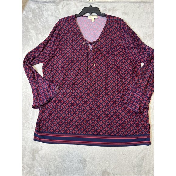Michael Kors Plus Size 3X Lace Up V-Neck Tunic Blouse Geometric Print - Picture 7 of 11